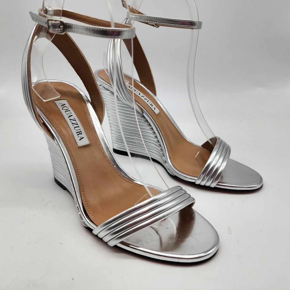 Aquazzura Wow 95 MM Metallic Silver Wedge Sandals EU 37 US 7 Ankle Strap Heels
